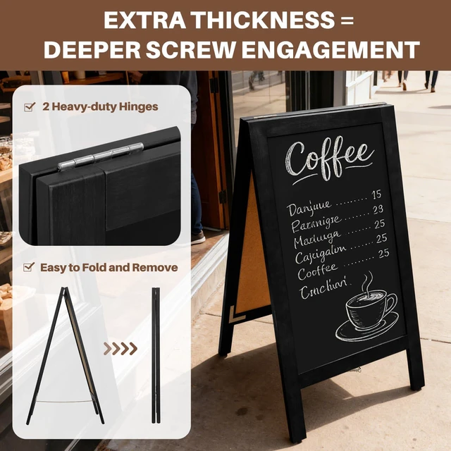 Alt view image 7 of 7 - Heavy Duty A-Frame Magnetic Chalkboard 40"x20", Black 0.8" Thickened Solid Pine Wood, Sandwich Board, Sturdy Windproof Standing Sign, For Outdoor Restaurants, Cafes, Weddings