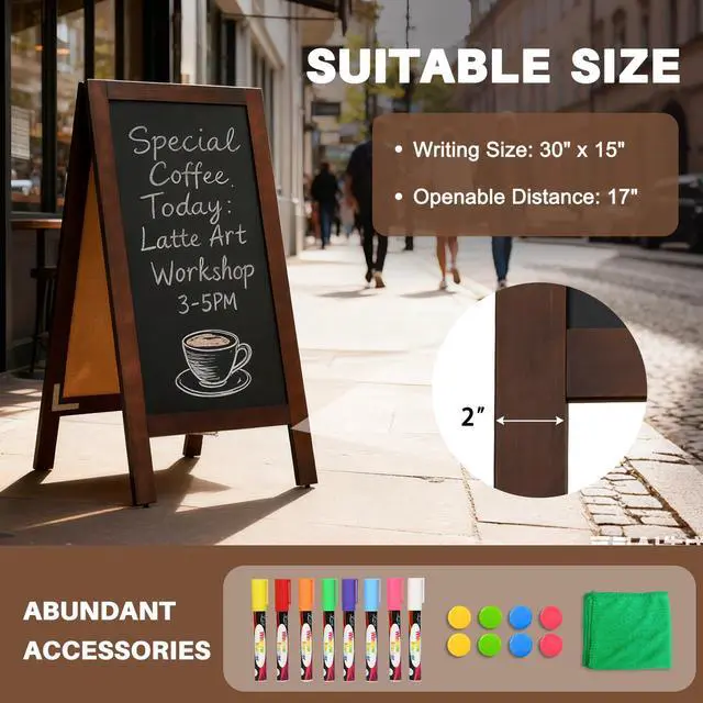 Alt view image 4 of 7 - Heavy Duty A-Frame Magnetic Chalkboard 40"x20", Brown 0.8" Thickened Solid Pine Wood, Sandwich Board, Sturdy Windproof Standing Sign, For Outdoor Restaurants, Cafes, Weddings