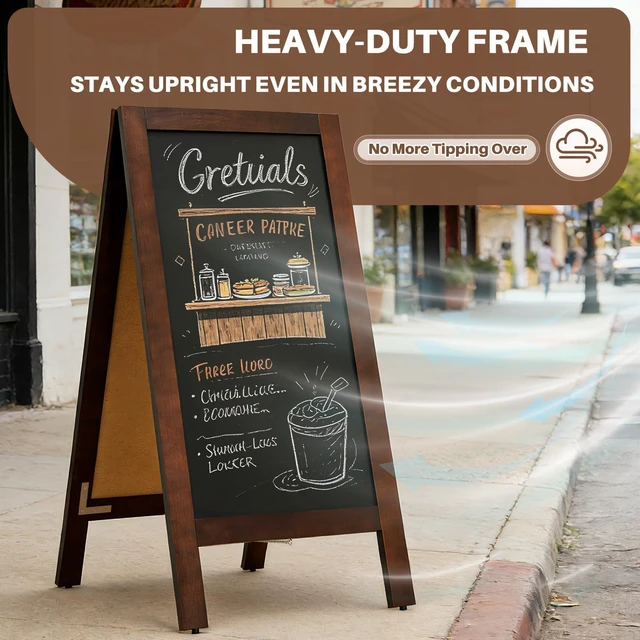 Alt view image 3 of 7 - Heavy Duty A-Frame Magnetic Chalkboard 40"x20", Brown 0.8" Thickened Solid Pine Wood, Sandwich Board, Sturdy Windproof Standing Sign, For Outdoor Restaurants, Cafes, Weddings