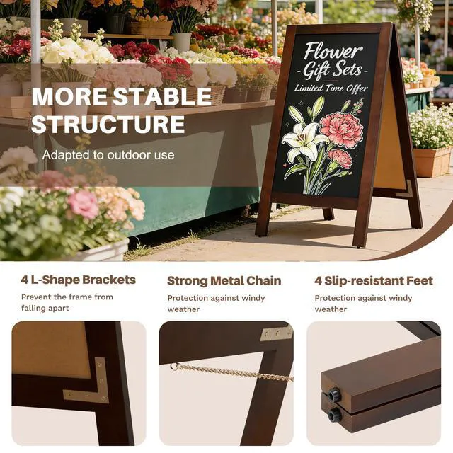 Alt view image 5 of 7 - Heavy Duty A-Frame Magnetic Chalkboard 40"x20", Brown 0.8" Thickened Solid Pine Wood, Sandwich Board, Sturdy Windproof Standing Sign, For Outdoor Restaurants, Cafes, Weddings