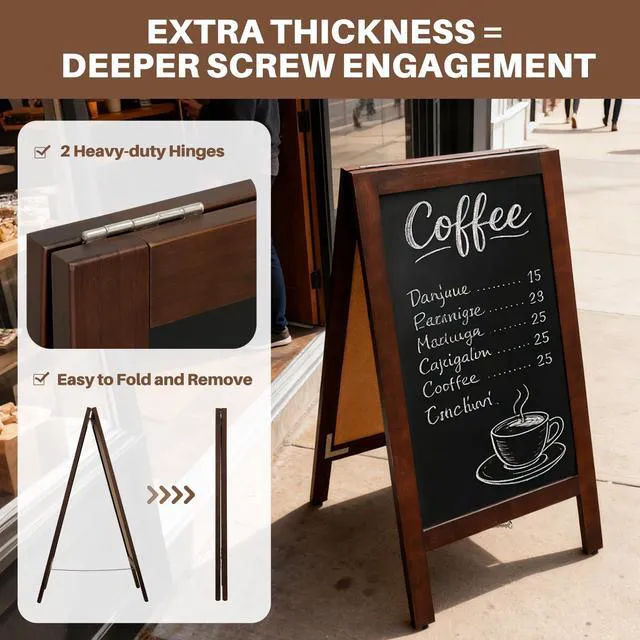 Alt view image 7 of 7 - Heavy Duty A-Frame Magnetic Chalkboard 40"x20", Brown 0.8" Thickened Solid Pine Wood, Sandwich Board, Sturdy Windproof Standing Sign, For Outdoor Restaurants, Cafes, Weddings