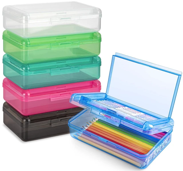 Main image of 6 Pack Double Layer Plastic Hard Clear Color Pencil box Case for Girl Boy Colored Cute kids Pen Case Box for Marker Crayon,School Office Art Supplies Storage Organizer Box,Medium Size,(Multi-color)
