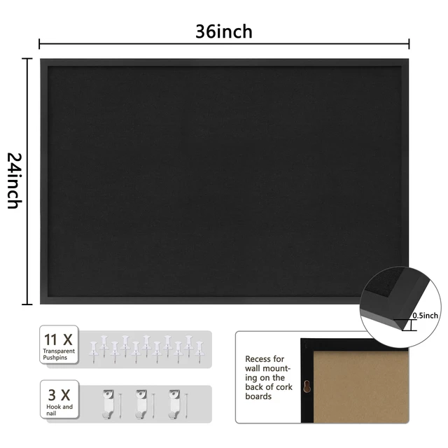 Alt view image 2 of 7 - Cork Board with Linen Black,Bulletin Board 36"x24" Corkboards for Office Home School Message Board or Vision Board Decoration