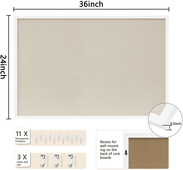 Alt view image 2 of 7 - Cork Board with Linen White,Bulletin Board 36"x24" Hanging Corkboards for Office Home School Message Board or Vision Board Decoration