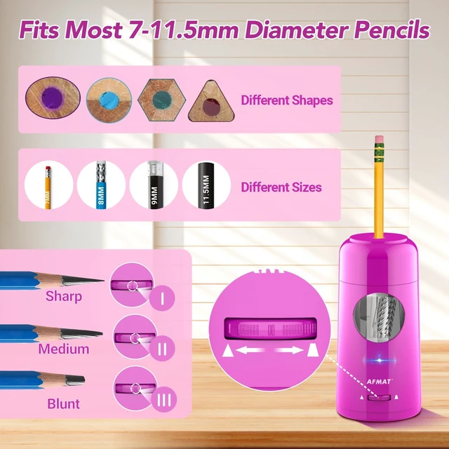 Alt view image 3 of 7 - Electric Pencil Sharpener, Rechargeable Fully Automatic Pencil Sharpener for Jumbo & Colored Pencils (7-11.5mm), Auto in/Out, Hands-Free, Portable for Home/Classroom/Office PSX6(Purple)