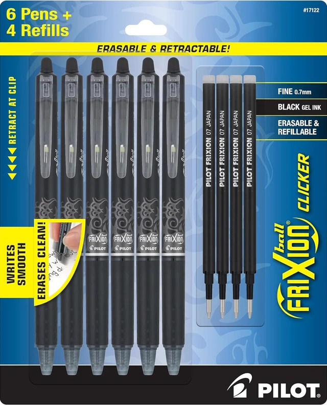 Main image of FriXion Clicker Erasable Pens, 0.7mm Fine Point, Black Ink Refillable & Retractable Gel Ink Pens Ideal for School, Journaling, & Office Writing, Pack of 6 Black Ink Pens with 4 Refills