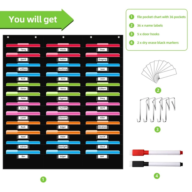 Alt view image 4 of 7 - 36 Pockets File Storage Pocket Chart with 36 Nametag Pockets, Hanging Wall File Organizer for Classroom and Office, Organize Your Assignments, Files, Scrapbooks, Paper (Black-36 Pockets)