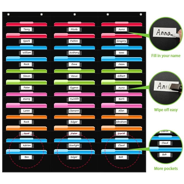 Alt view image 3 of 7 - 36 Pockets File Storage Pocket Chart with 36 Nametag Pockets, Hanging Wall File Organizer for Classroom and Office, Organize Your Assignments, Files, Scrapbooks, Paper (Black-36 Pockets)