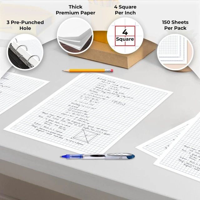 Alt view image 2 of 7 - 45 Pack, 6750 Sheets Graph Paper Bulk, 4x4, Bulk Grid Paper Bulk Loose Leaf Paper, 8" x 10.5", Thick Graphing Paper, Fights Ink Bleed, 3 Hole Punched, Quad Ruled, Bulk School Supplies