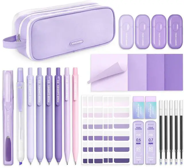 Main image of Aesthetic Purple School Supplies Kit with Case for Girls Back to School Stationery Set with Pens, Highlighters, Mechanical Pencils, Sticky Notes for Students, College, Journaling