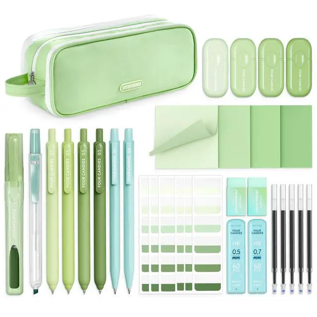 Main image of Green School Supplies with Case College Essentials Pens with Black Ink, Correction Tapes, Pastel Highlighters, Mechanical Pencils, Sticky Notes, Index Post for Study Stationary