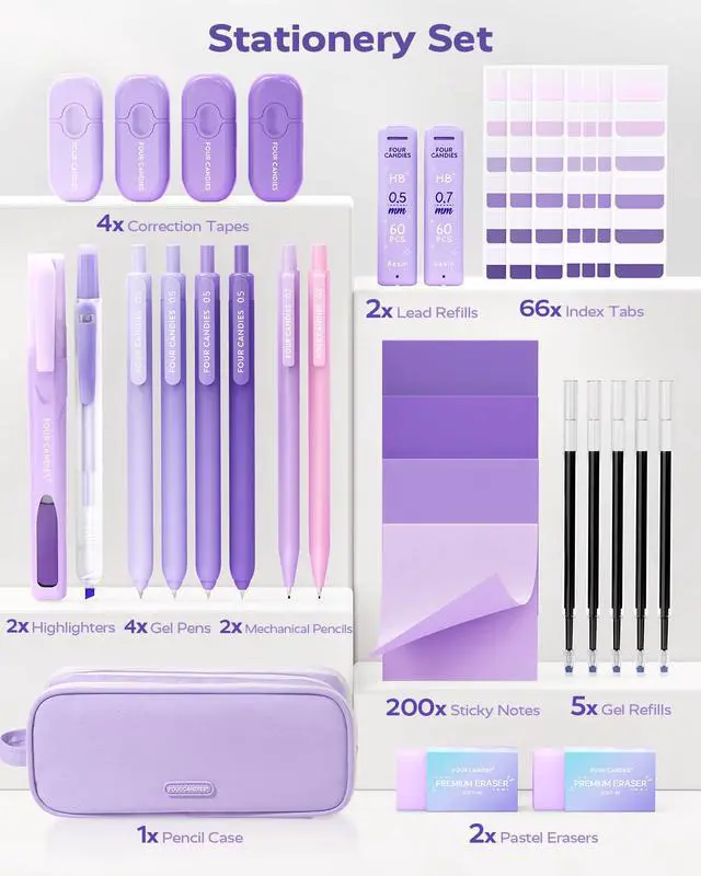 Alt view image 7 of 7 - Aesthetic Purple School Supplies Kit with Case for Girls Back to School Stationery Set with Pens, Highlighters, Mechanical Pencils, Sticky Notes for Students, College, Journaling