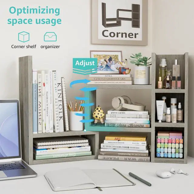 Alt view image 5 of 7 - Desk Shelves Desktop Organizer Shlef - Grey Office Organization for Top of Desk Organizers and Accessories Corner Bookshelf Table Top Shelving Small Hutch Decorations for Office