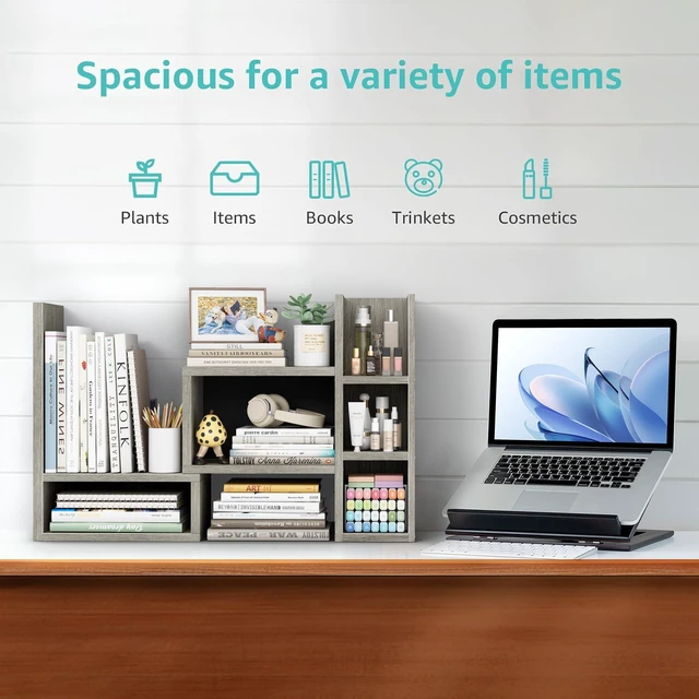 Alt view image 4 of 7 - Desk Shelves Desktop Organizer Shlef - Grey Office Organization for Top of Desk Organizers and Accessories Corner Bookshelf Table Top Shelving Small Hutch Decorations for Office