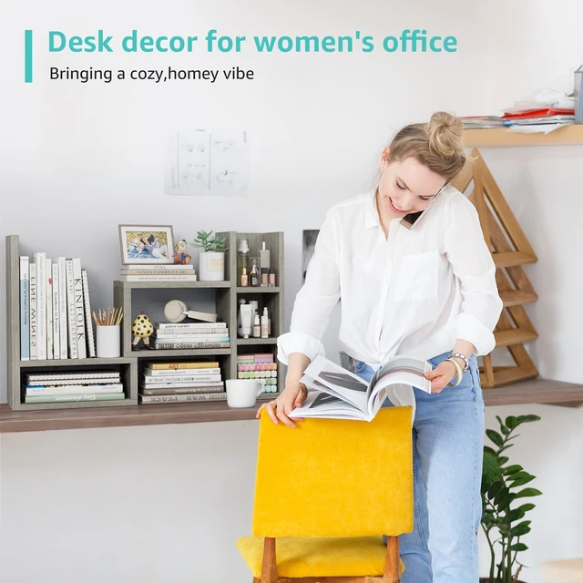 Alt view image 6 of 7 - Desk Shelves Desktop Organizer Shlef - Grey Office Organization for Top of Desk Organizers and Accessories Corner Bookshelf Table Top Shelving Small Hutch Decorations for Office