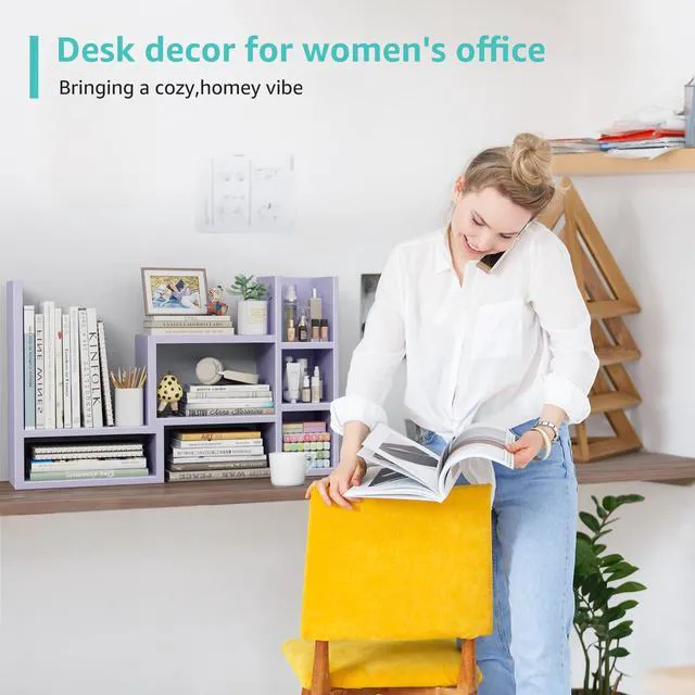 Alt view image 7 of 7 - Desk Shelves Desktop Organizer Shlef - Purple Office Organization for Top of Desk Organizers and Accessories Corner Bookshelf Table Top Shelving Small Hutch Decorations for Women Office