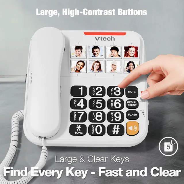 Alt view image 3 of 7 - SN1117 Corded Senior Phone for Elderly 8 Photo Speed Dial, High-Contrast Large Buttons, Talking Digits, Visual Ringer