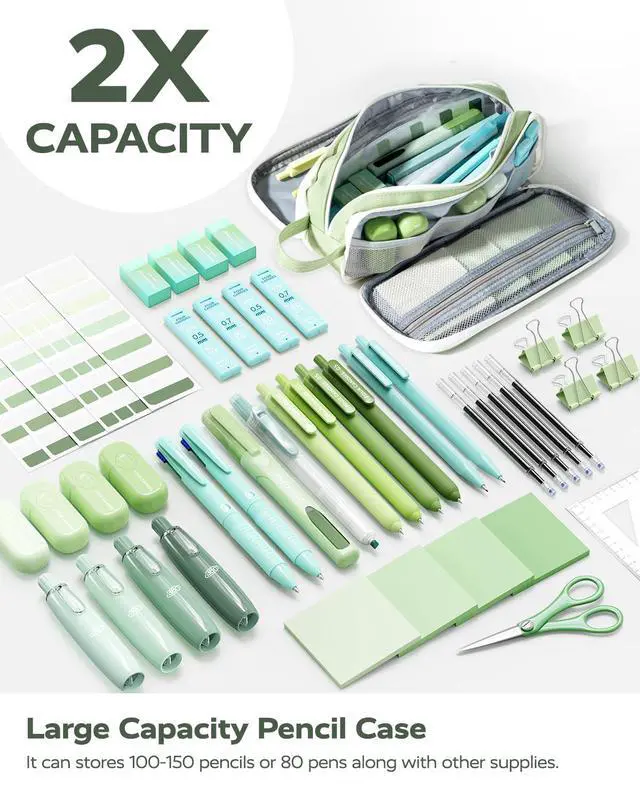 Alt view image 7 of 7 - Green School Supplies with Case College Essentials Pens with Black Ink, Correction Tapes, Pastel Highlighters, Mechanical Pencils, Sticky Notes, Index Post for Study Stationary