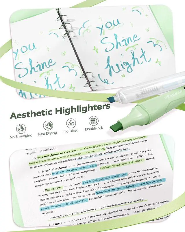 Alt view image 5 of 7 - Green School Supplies with Case College Essentials Pens with Black Ink, Correction Tapes, Pastel Highlighters, Mechanical Pencils, Sticky Notes, Index Post for Study Stationary