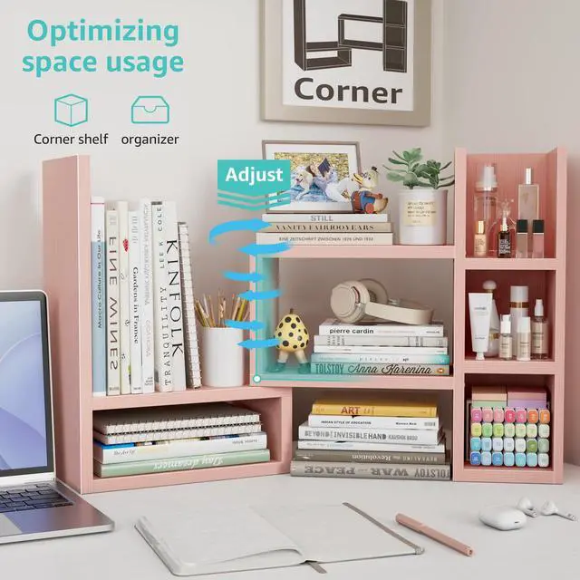 Alt view image 6 of 7 - Desk Shelves Desktop Organizer Shlef - Pink Office Organization for Top of Desk Organizers and Accessories Corner Bookshelf Table Top Shelving Small Hutch Decorations for Office