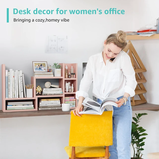 Alt view image 7 of 7 - Desk Shelves Desktop Organizer Shlef - Pink Office Organization for Top of Desk Organizers and Accessories Corner Bookshelf Table Top Shelving Small Hutch Decorations for Office