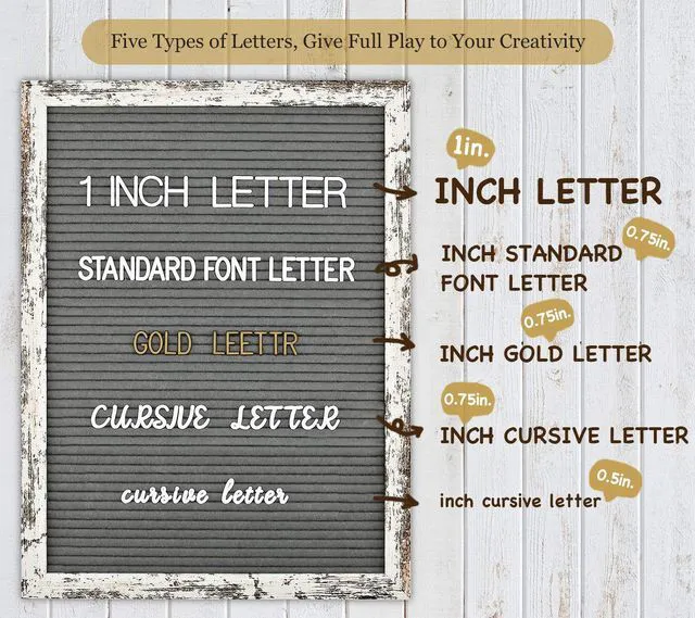 Alt view image 2 of 5 - Felt Letter Board 12x16 Inch Rustic Wood Frame - Pre Cut & Sorted 725 Letters with Stand, Cursive Style Letters, Big Letters, Plastic Organizer, Shabby Chic Vintage Decor