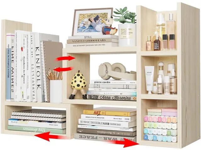 Main image of Desk Shelves Desktop Organizer Shlef - Natural Wood Tone Office Organization for Top of Desk Organizers and Accessories Corner Bookshelf Table Top Shelving Small Hutch Decorations for Office