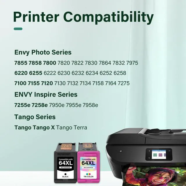 Alt view image 2 of 7 - 64XL 64 7855 7900e Black and Color Ink Cartridge Combo Pack for HP Printer Replacement for HP64XL XL for HP Printers Envy Photo 7855 7155 Inspire 7900e 7200e 7955e 6255 Tango (2-Pack,Black,Tri-Color)