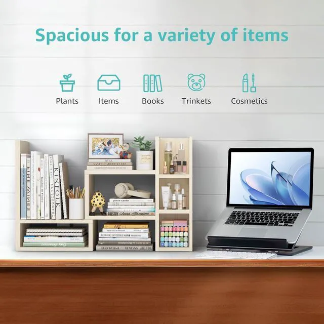 Alt view image 5 of 7 - Desk Shelves Desktop Organizer Shlef - Natural Wood Tone Office Organization for Top of Desk Organizers and Accessories Corner Bookshelf Table Top Shelving Small Hutch Decorations for Office