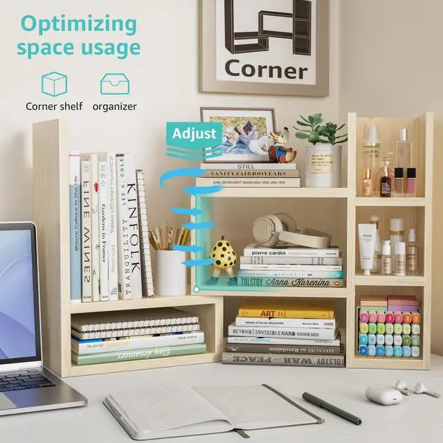 Alt view image 6 of 7 - Desk Shelves Desktop Organizer Shlef - Natural Wood Tone Office Organization for Top of Desk Organizers and Accessories Corner Bookshelf Table Top Shelving Small Hutch Decorations for Office