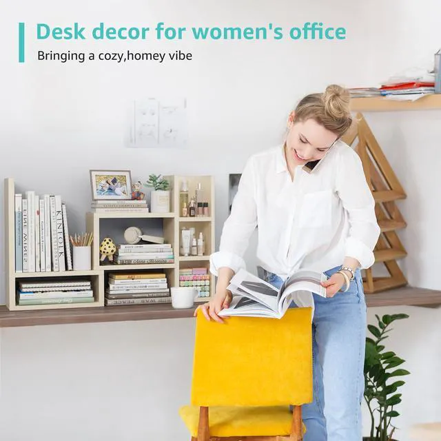 Alt view image 7 of 7 - Desk Shelves Desktop Organizer Shlef - Natural Wood Tone Office Organization for Top of Desk Organizers and Accessories Corner Bookshelf Table Top Shelving Small Hutch Decorations for Office