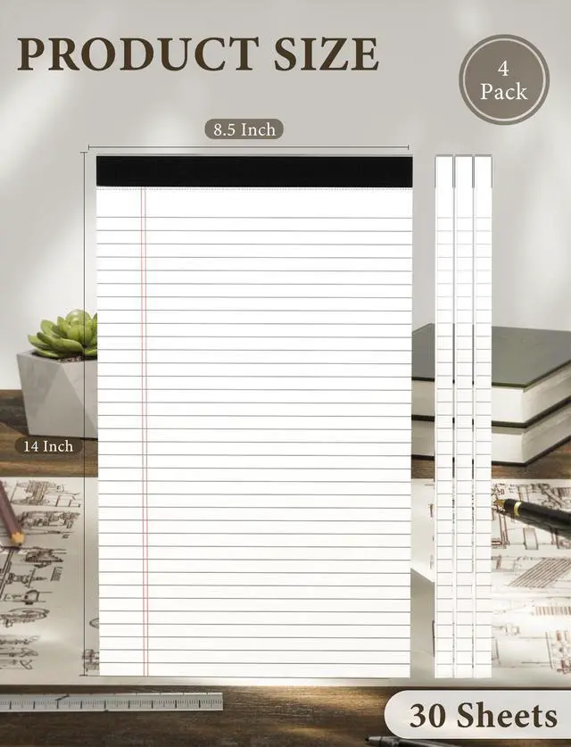 Alt view image 2 of 7 - Note Pads 8.5 x 14 Wide Ruled, 4 Pack Legal Pads 8.5 x 14 White Paper Pads Lined Paper Tablets, Notebook Pads 8.5x14, White Lined Paper Pads 8.5x14 Writing Pad, 70 GSM Notebook Paper, 30 Sheets/Pad