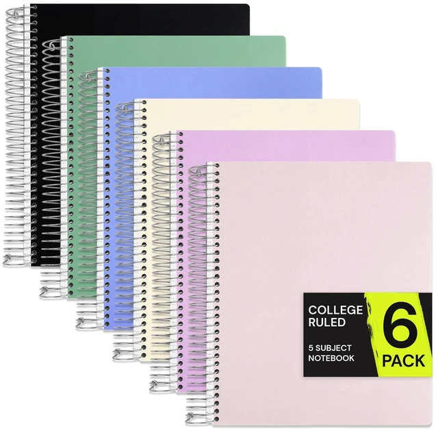 Main image of 5 Subject Spiral Notebook College Ruled 6 Pack, 400 Pages, Assorted 200 Sheets, 9 x 11 in, 6 Pack Waterproof Plastic Cover, Durable, School Notebooks, Classroom, Teachers: Amazon.com