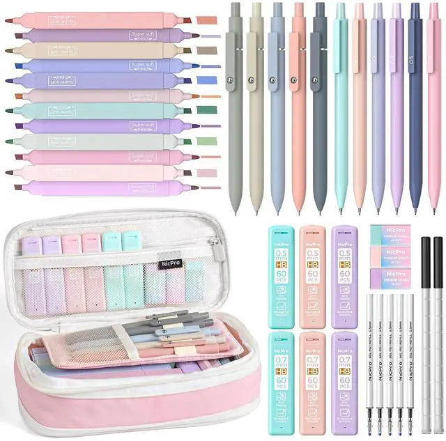 Main image of School Supplies Stationary Set with Pencil Case, 39 PCS Pink Back to Schoo Supplies, Pen Case with 12 Highlighter, 5 Gel Pen, 6 Mechanical Pencil, Essentials for College, Nursing Student