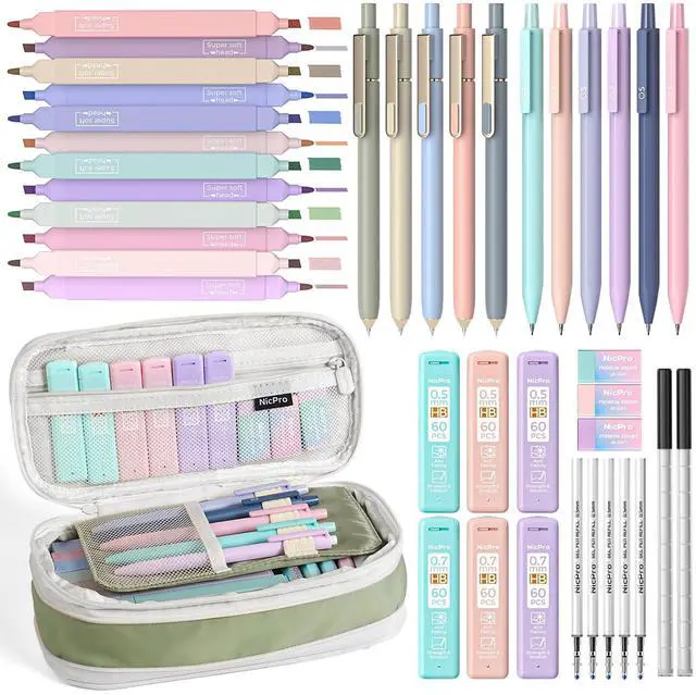 Main image of Aesthetic School Supplies Stationary Set with Pen Case, 39 PCS Green Back to Schoo Supplies, Pen Case with 12 Highlighter, 5 Gel Pen, 6 Mechanical Pencil, Essentials for College, Nursing Student