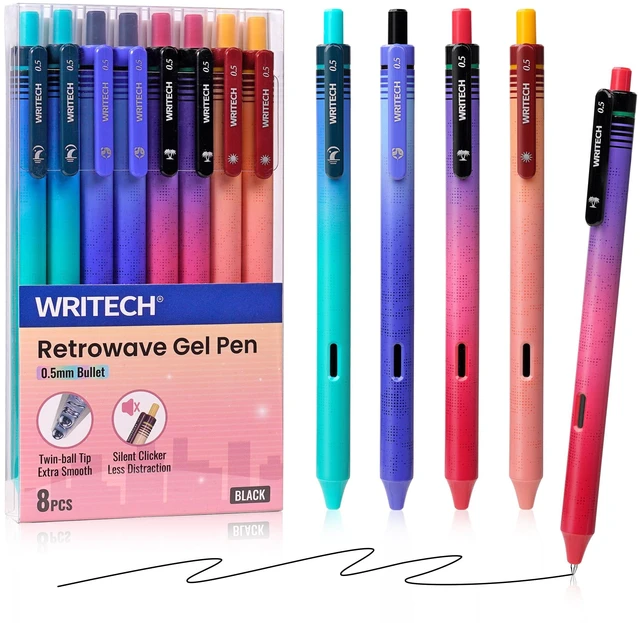 Main image of Black Ink Gel Pens: Retrowave 0.5mm Fine Point Silent Click 8ct Smooth Writing Refillable No Bleed Smudge Resistant for Everyday Writing Journaling Planning School Office and Crafting