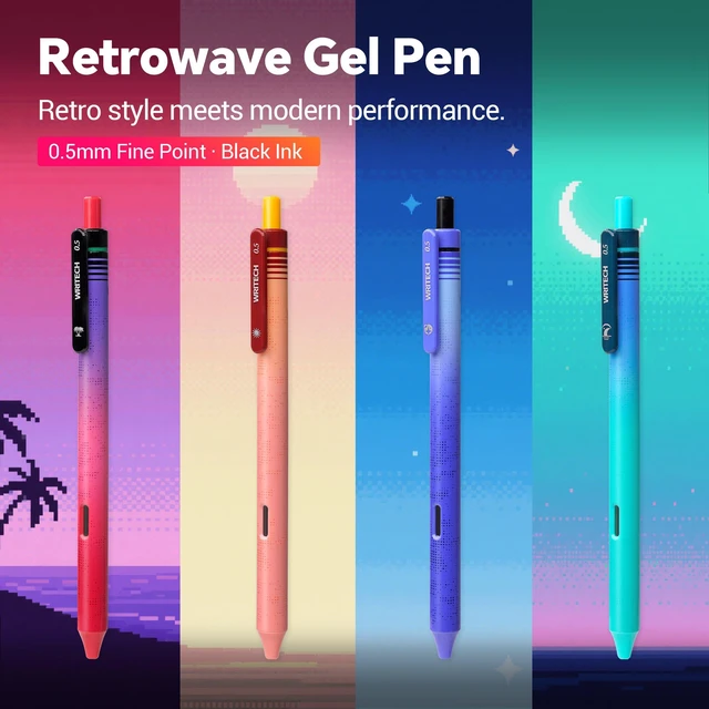 Alt view image 3 of 7 - Black Ink Gel Pens: Retrowave 0.5mm Fine Point Silent Click 8ct Smooth Writing Refillable No Bleed Smudge Resistant for Everyday Writing Journaling Planning School Office and Crafting