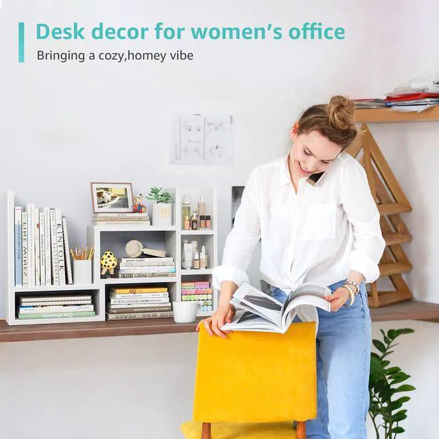 Alt view image 6 of 7 - Desk Shelves Desktop Organizer Shelf - White Office Organization for Top of Desk Organizers and Accessories Corner Bookshelf Table Top Shelving Small Hutch Decorations for Women Office