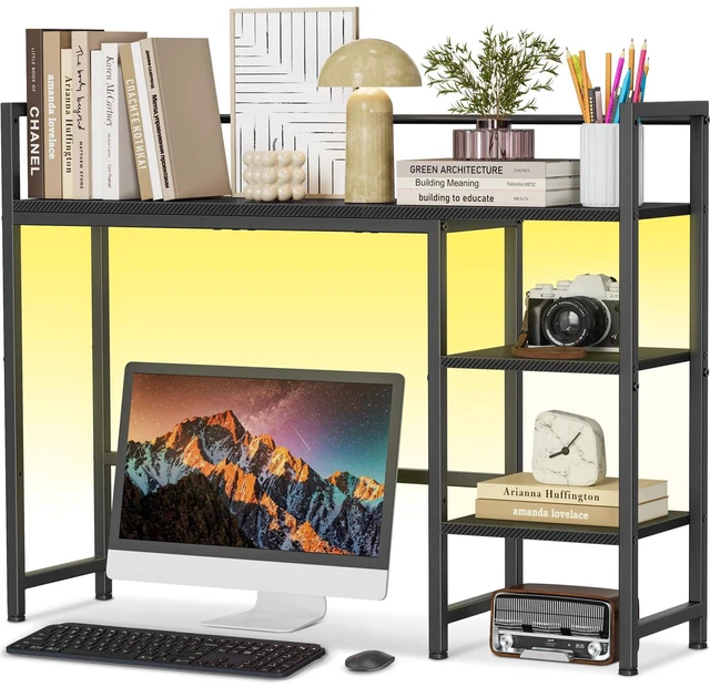 Main image of Desk Shelf with LED Strip, 38.6" Desktop Organizer Shelf, Desk Hutch for Computer Monitor, 4 Tier Desk Display Rack, Wood Desktop Bookshelf Storage Rack for Home Office Dorm