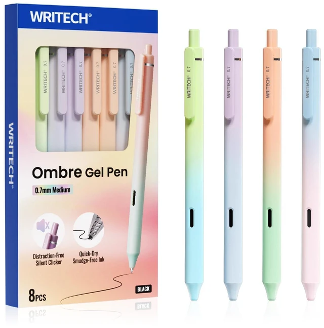 Main image of Gel Rollerball Pens 0.7mm: Silent Click Smooth Writing Quick Dry Black Ink Gradient Aesthetic Design for Journaling School Office 8 Pack