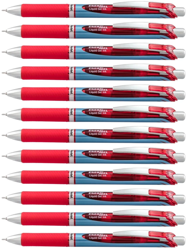 Main image of EnerGel Deluxe RTX Retractable Liquid Gel Pen, Medium Line, Needle Tip, Red Ink, Box of 12 (BLN77-B)