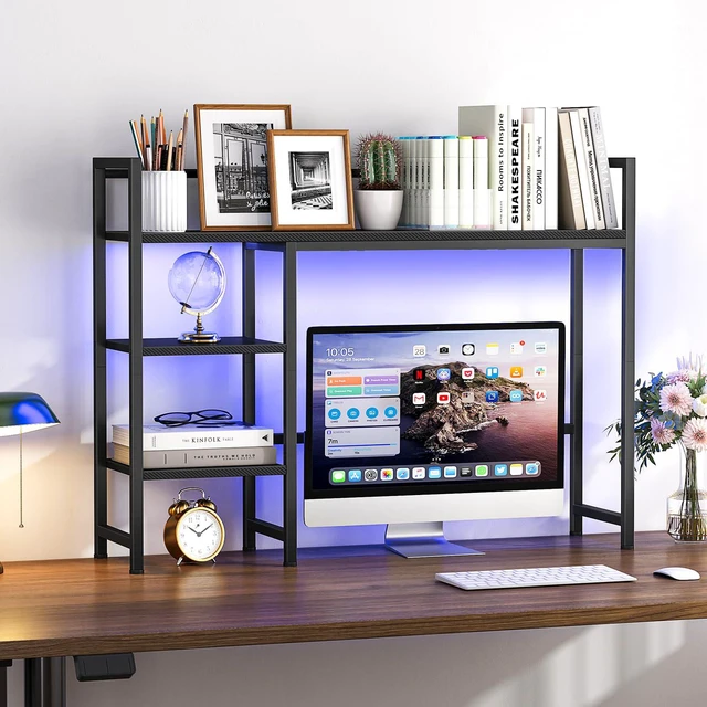 Alt view image 2 of 7 - Desk Shelf with LED Strip, 38.6" Desktop Organizer Shelf, Desk Hutch for Computer Monitor, 4 Tier Desk Display Rack, Wood Desktop Bookshelf Storage Rack for Home Office Dorm