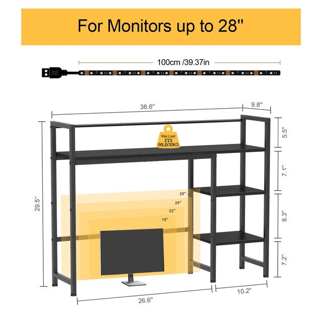 Alt view image 3 of 7 - Desk Shelf with LED Strip, 38.6" Desktop Organizer Shelf, Desk Hutch for Computer Monitor, 4 Tier Desk Display Rack, Wood Desktop Bookshelf Storage Rack for Home Office Dorm
