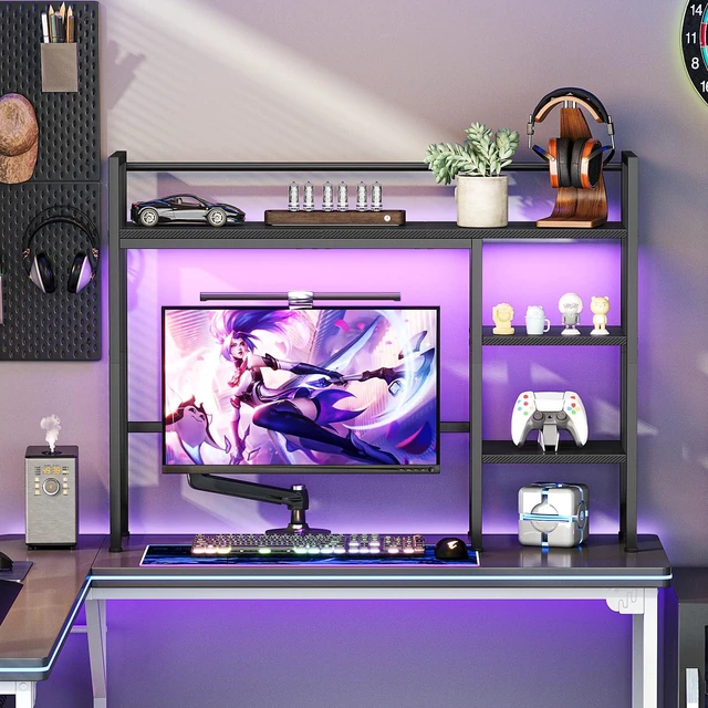 Alt view image 6 of 7 - Desk Shelf with LED Strip, 38.6" Desktop Organizer Shelf, Desk Hutch for Computer Monitor, 4 Tier Desk Display Rack, Wood Desktop Bookshelf Storage Rack for Home Office Dorm