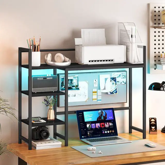 Alt view image 7 of 7 - Desk Shelf with LED Strip, 38.6" Desktop Organizer Shelf, Desk Hutch for Computer Monitor, 4 Tier Desk Display Rack, Wood Desktop Bookshelf Storage Rack for Home Office Dorm