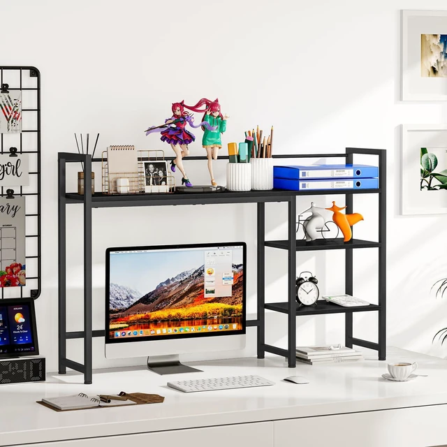 Alt view image 2 of 7 - Desk Shelf, 44.9" Large Desktop Organizer Shelf, Desk Hutch for Monitor, 4 Tier Display Rack, Wooden Desktop Bookshelf Storage Rack for Home Office Dorm