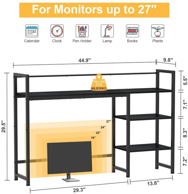 Alt view image 3 of 7 - Desk Shelf, 44.9" Large Desktop Organizer Shelf, Desk Hutch for Monitor, 4 Tier Display Rack, Wooden Desktop Bookshelf Storage Rack for Home Office Dorm