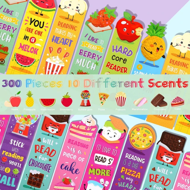 Alt view image 3 of 7 - 300 Pcs Scented Bookmarks for Kids, Fruit Food 10 Styles Assorted Designs Scratch and Sniff, Fruit Food Theme Sayings for Students, Teens, Food Lovers, Bulk Reading Reward Gifts