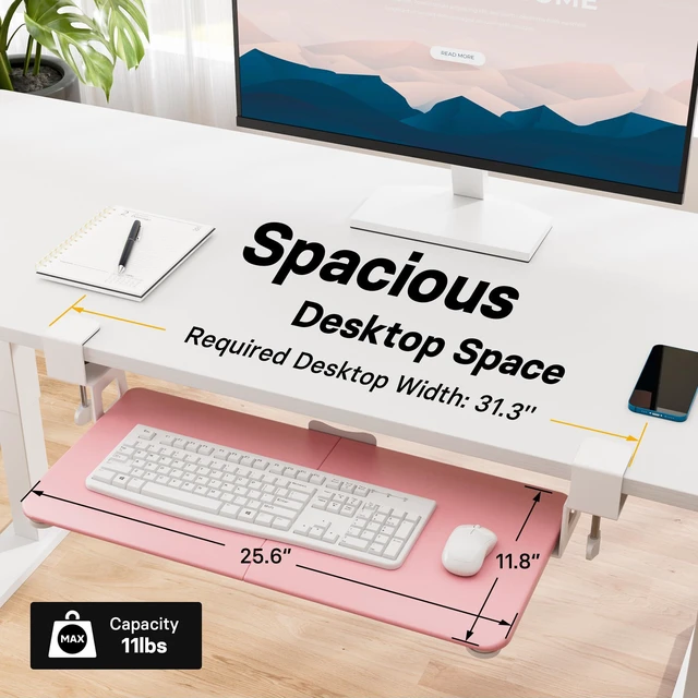 Alt view image 4 of 7 - Under Desk Keyboard Tray, Pull-Out Keyboard & Mouse Platform C-Clamp Mount, Space-Saving Ergonomic Slide-Out Drawer, 31.3 in Including Clamps, 25.6 x 11.8 in Tray, Pink