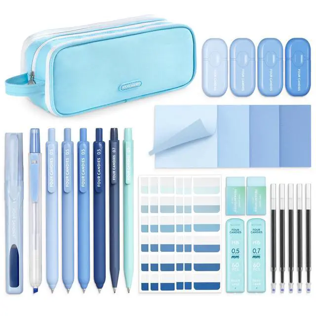 Main image of Aesthetic School Supplies Kit with Cute Blue Pencil Case Back to School Stationery Set with Pens, Highlighters, Mechanical Pencils, Sticky Notes for Students, College, Journaling